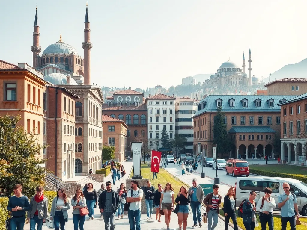 A bustling university campus in Turkey, with historic buildings and modern facilities, international students interacting, photorealistic, high quality, vibrant academic environment, diverse cultural exchange