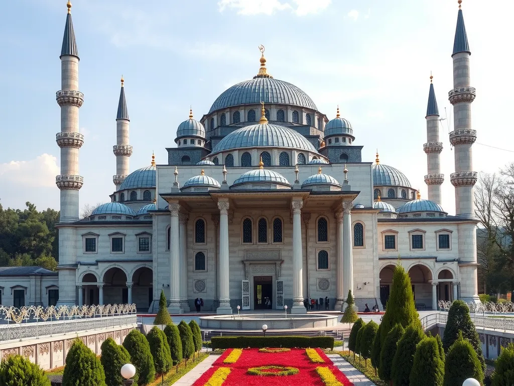 A grand Ottoman mosque with traditional architecture, featuring large domes and minarets, surrounded by lush gardens, photorealistic, high quality, sunny weather, showcasing Turkish Islamic art and architecture